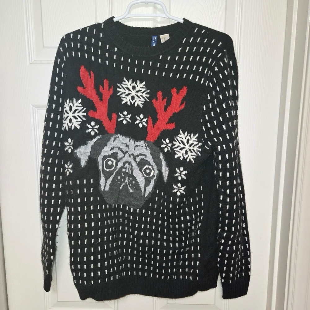 Black Sweater with Pug and Snowflakes